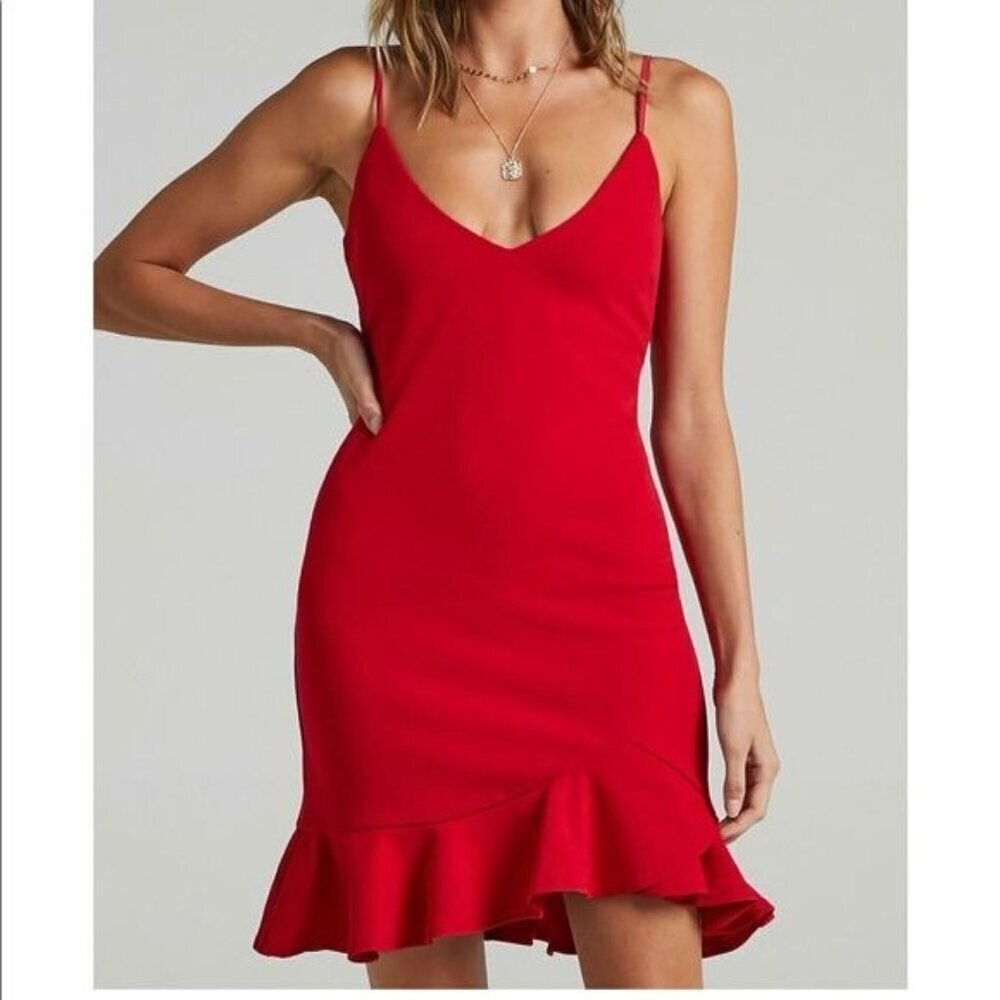 Showpo Red Spaghetti Strap Ruffle V-Neck Dress Womens Size 12 Feminine Flirty - Picture 1 of 11